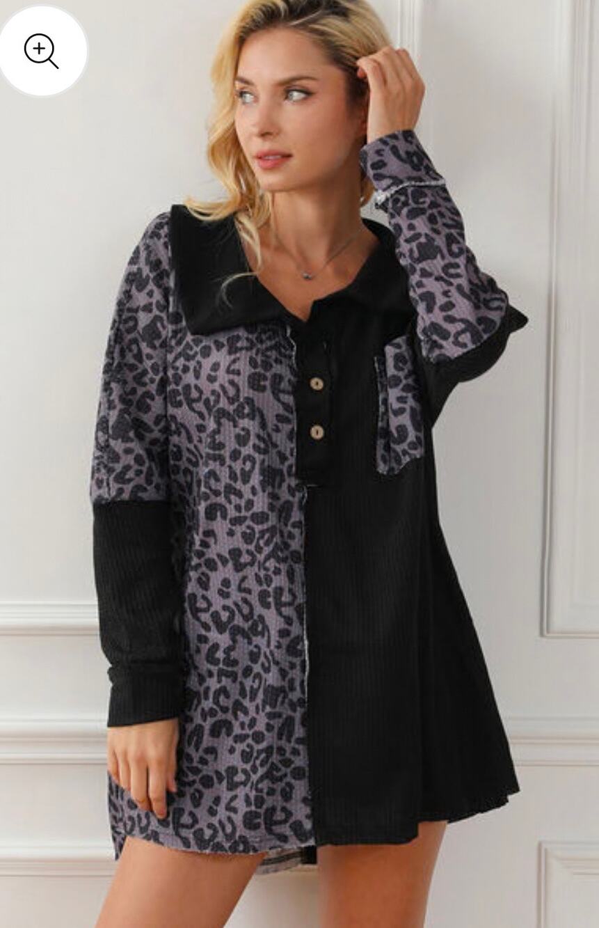 White Stag Half Button Leopard Cheetah Collared Blouse XL Waffle Knit Colorblock